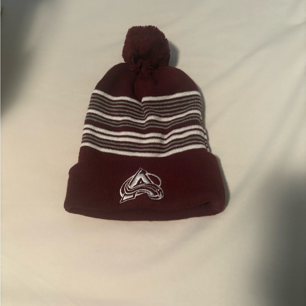 Colorado Avalanche Maroon and White Striped Beanie with Logo